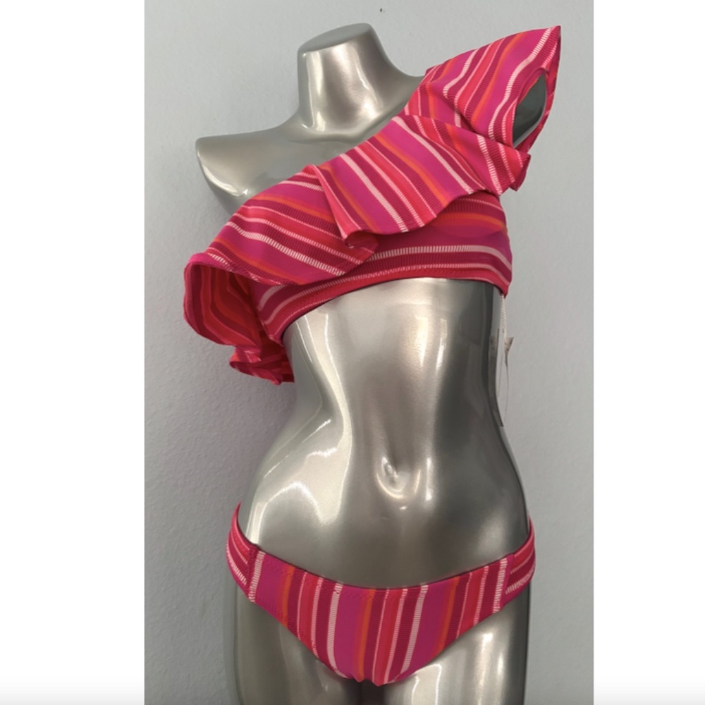 Trina Turk Pink & Orange One-Shoulder Ruffle Stripe Bikini